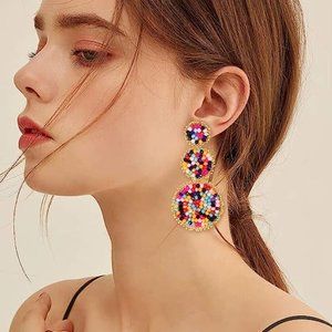 Confetti Multicolor Beaded Triple Tier Earrings Bohemian Bold Boho Statement New